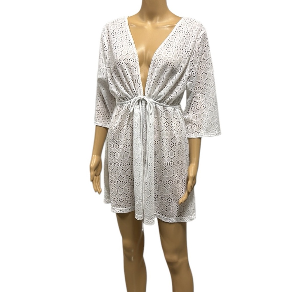 Catalina Arctic White Lace Tie Waist Swimsuit Coverup Short Sleeve Womens 1X